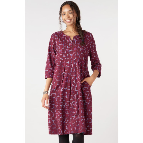 Nalika 3/4-Sleeve Notch-Neck Cotton Dress - Radicchio/Periwinkle Nalika 3/4-Sleeve Notch-Neck Cotton Dress - Radicchio/Periwinkle