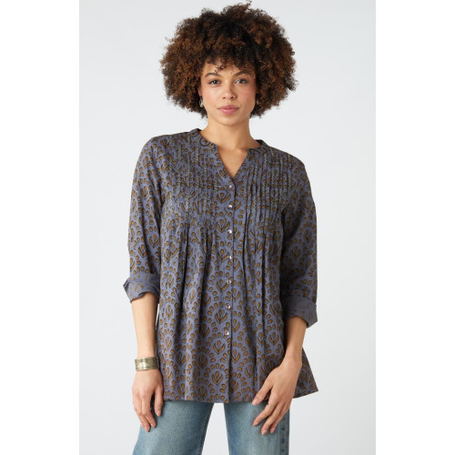 Vaishali Pleated Button-Down Tunic - Blue/Grey Vaishali Pleated Button-Down Tunic - Blue/Grey