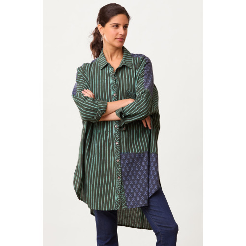 Hanifa Long-Sleeve High-Low Hem Big Shirt - Dusty teal/Multi